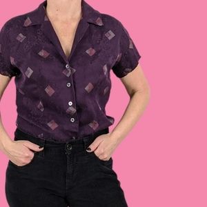 Vintage 90s Silk Purple Geometric Button Up Shirt Blouse Top Vtg